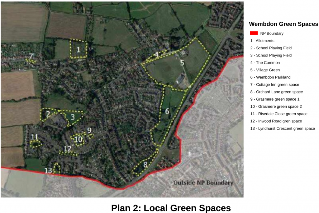 Aerial view showing Wembdon's local green spaces