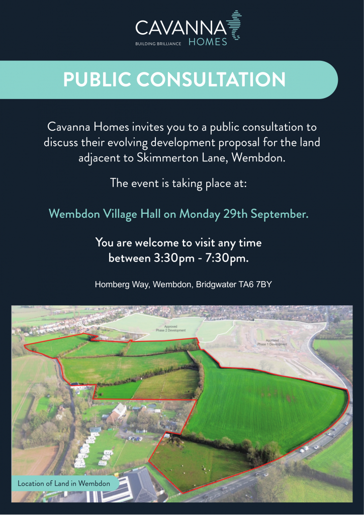 Poster advertising public consultation to discuss Cavanna Homes' evolving development proposal for the land adjacent to Skimmerton Lane