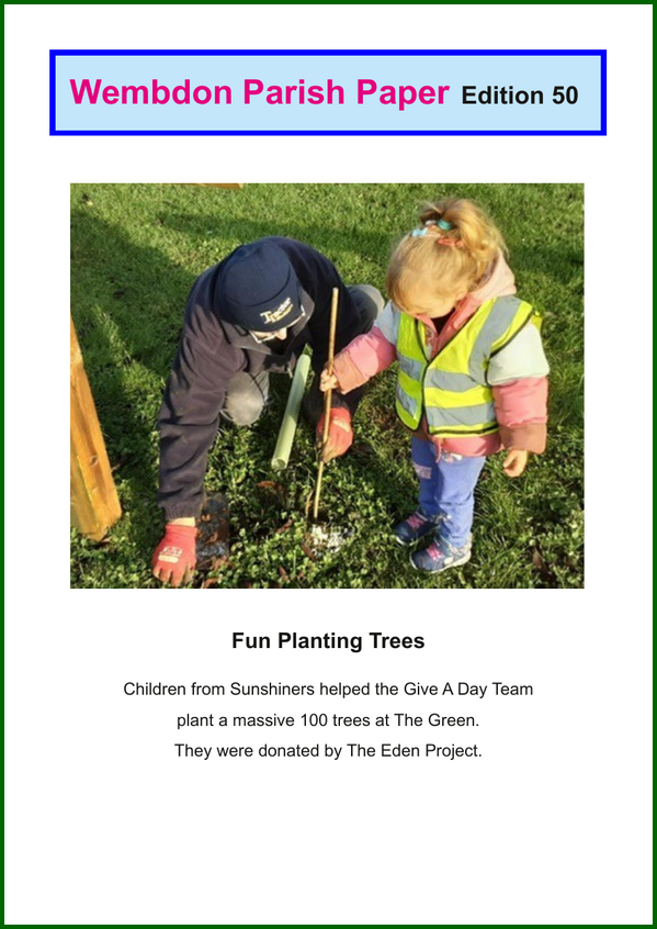 Front cover of Wembdon Parish Paper Edition 50, with a photo of a child and a man planting a tree.